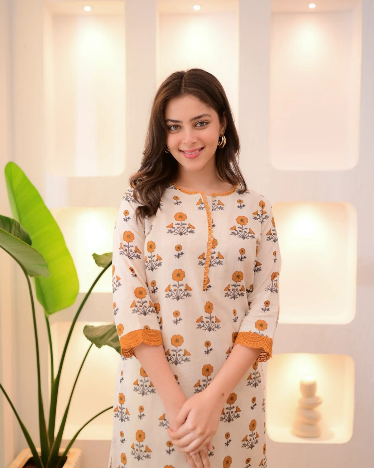 Floral Rayon Kurta Pant Set Cream Orange for Women