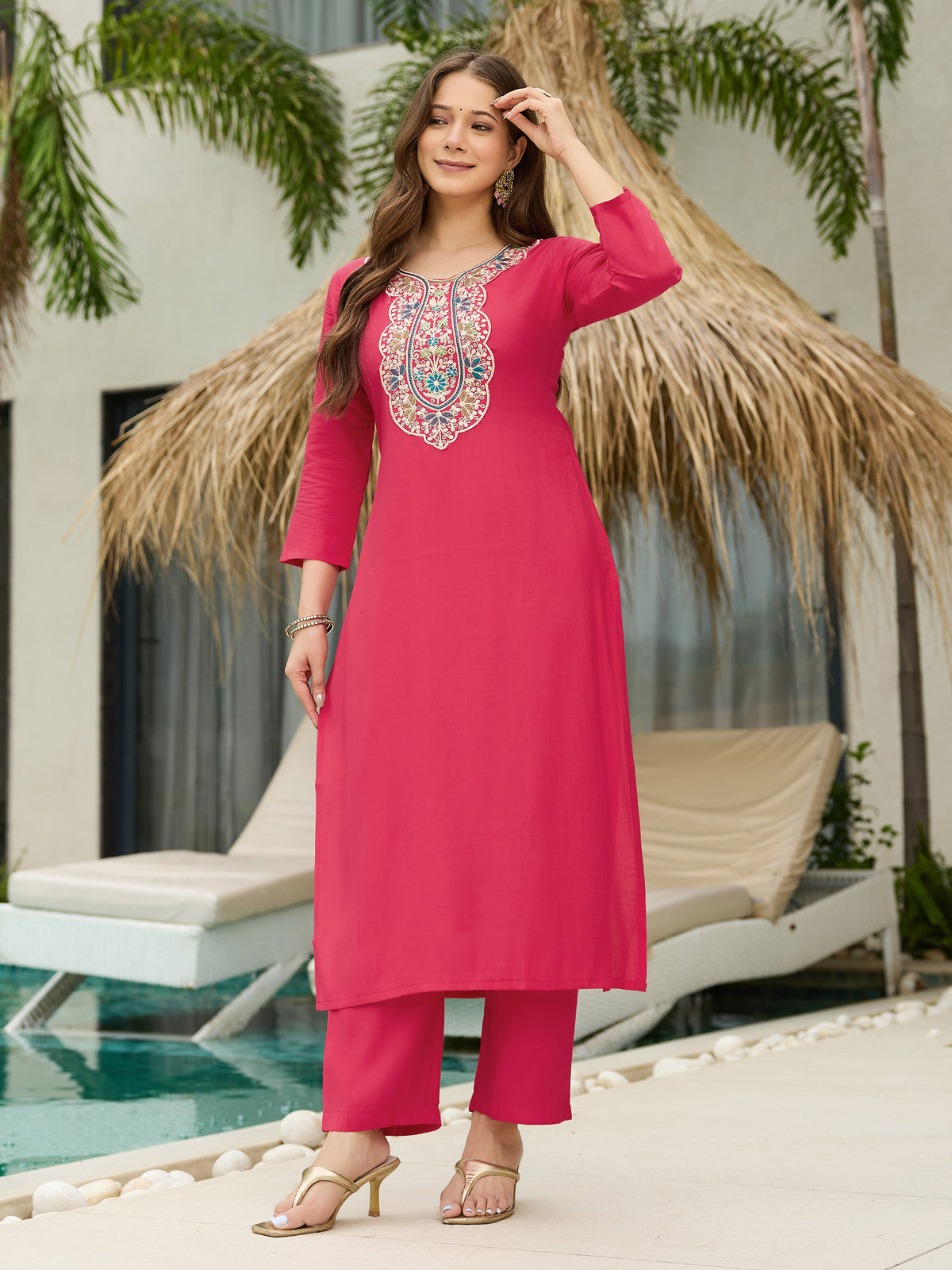 Gajri Embroidered Kurti Pant Dupatta Set Women for Women