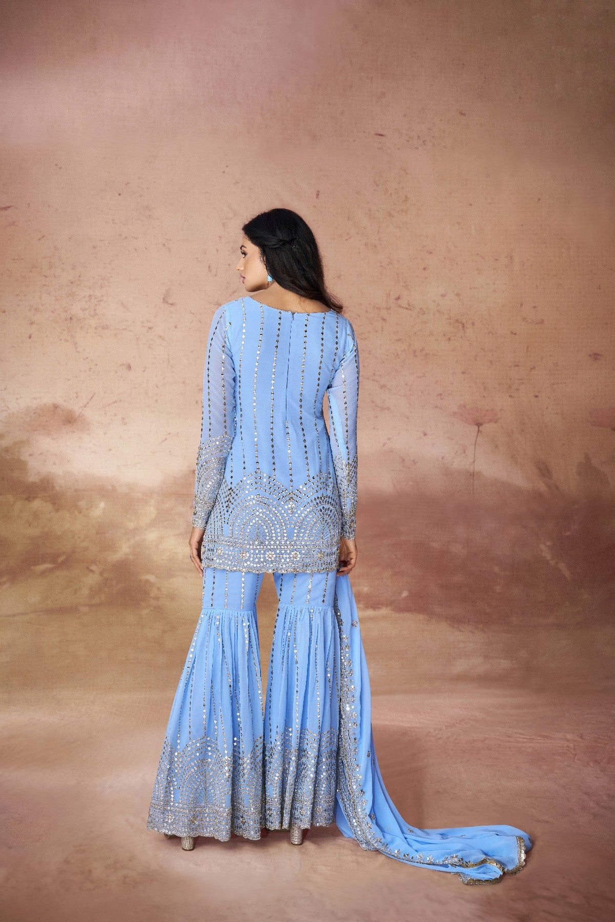 Georgette Embroidered Sharara Set with Sequin Work Top and Dupatta