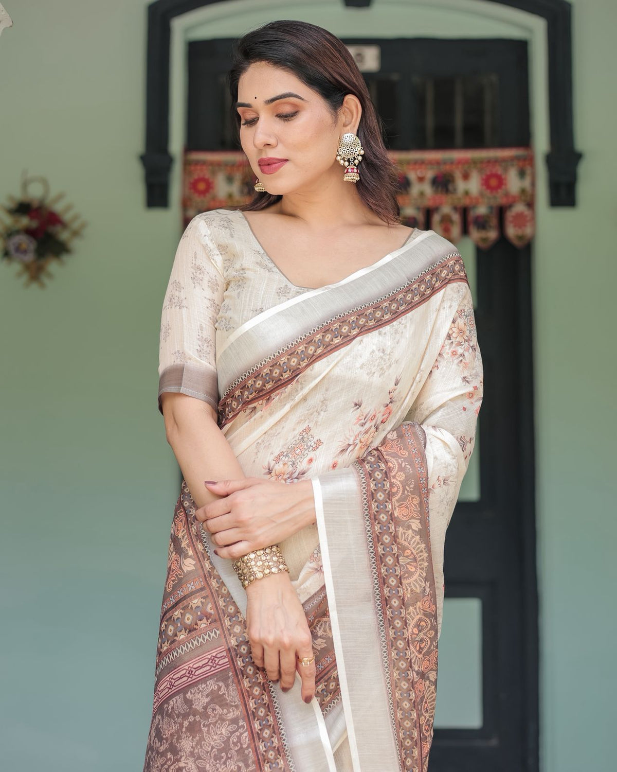 Graceful Beige Linen Saree with Traditional Designer Border for Women