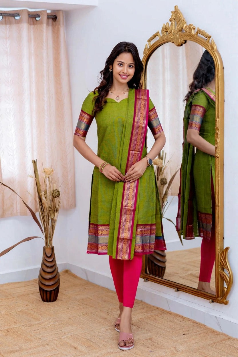 Graceful Parrot Green Straight Kurti Dupatta Set for Women