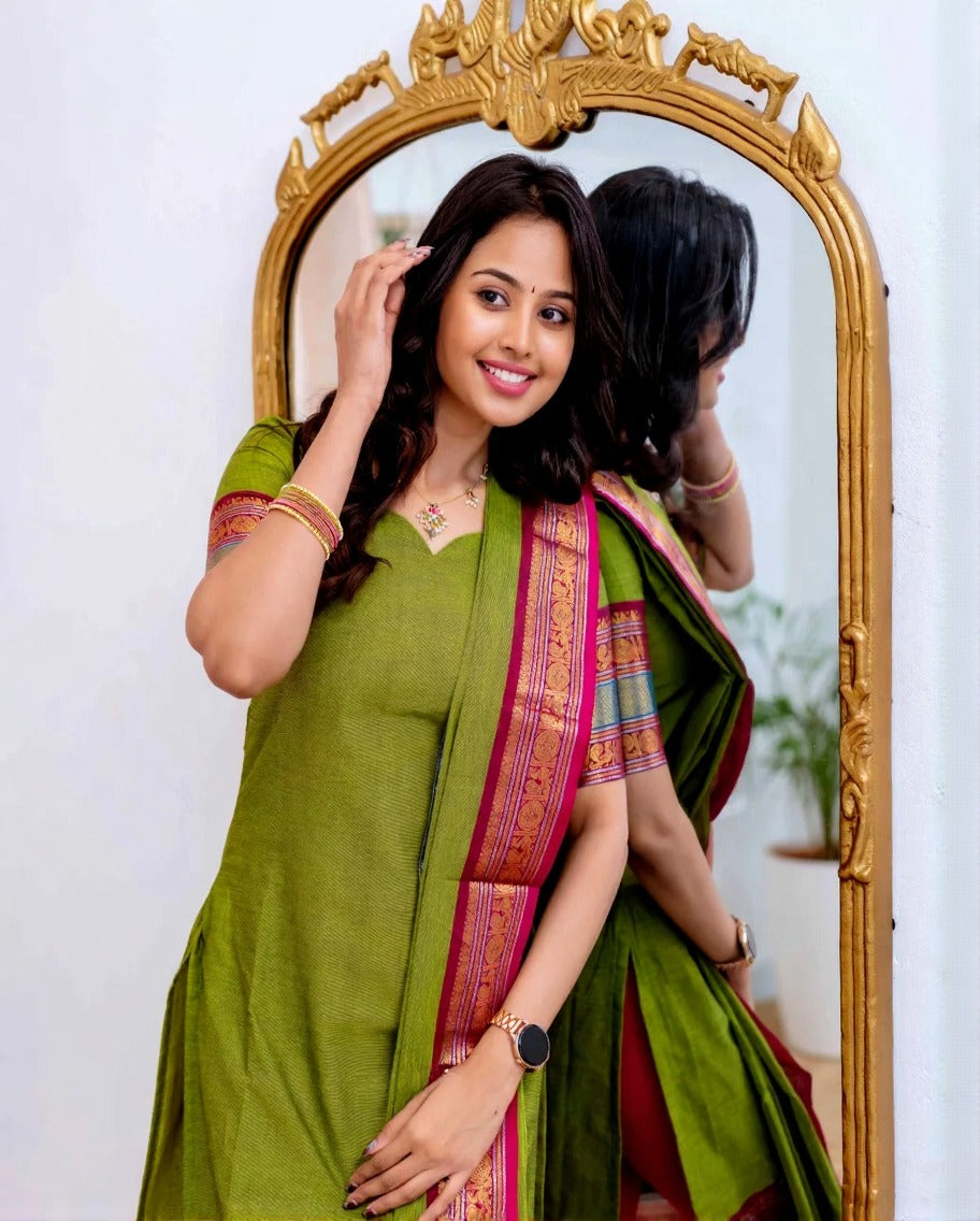 Graceful Parrot Green Straight Kurti Dupatta Set for Women