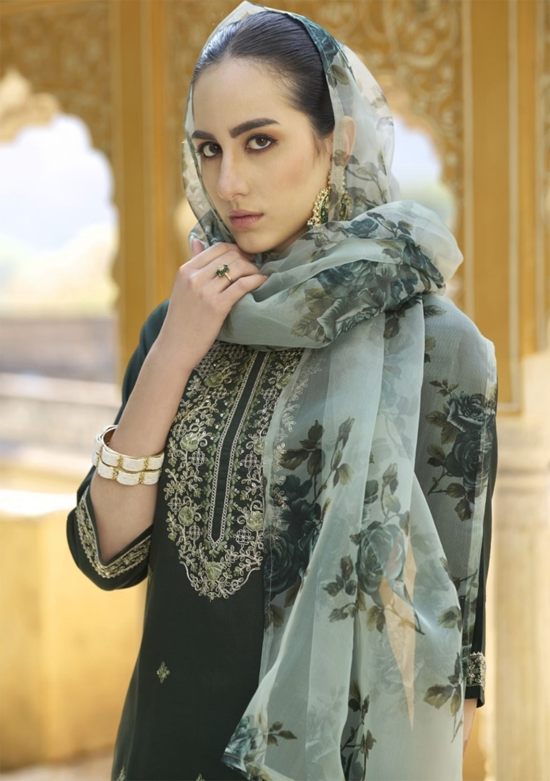 Royal Dark Green Chanderi Cotton Kurta Set with Elegant Organza