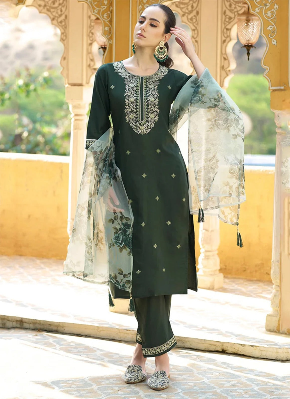 Royal Dark Green Chanderi Cotton Kurta Set with Elegant Organza