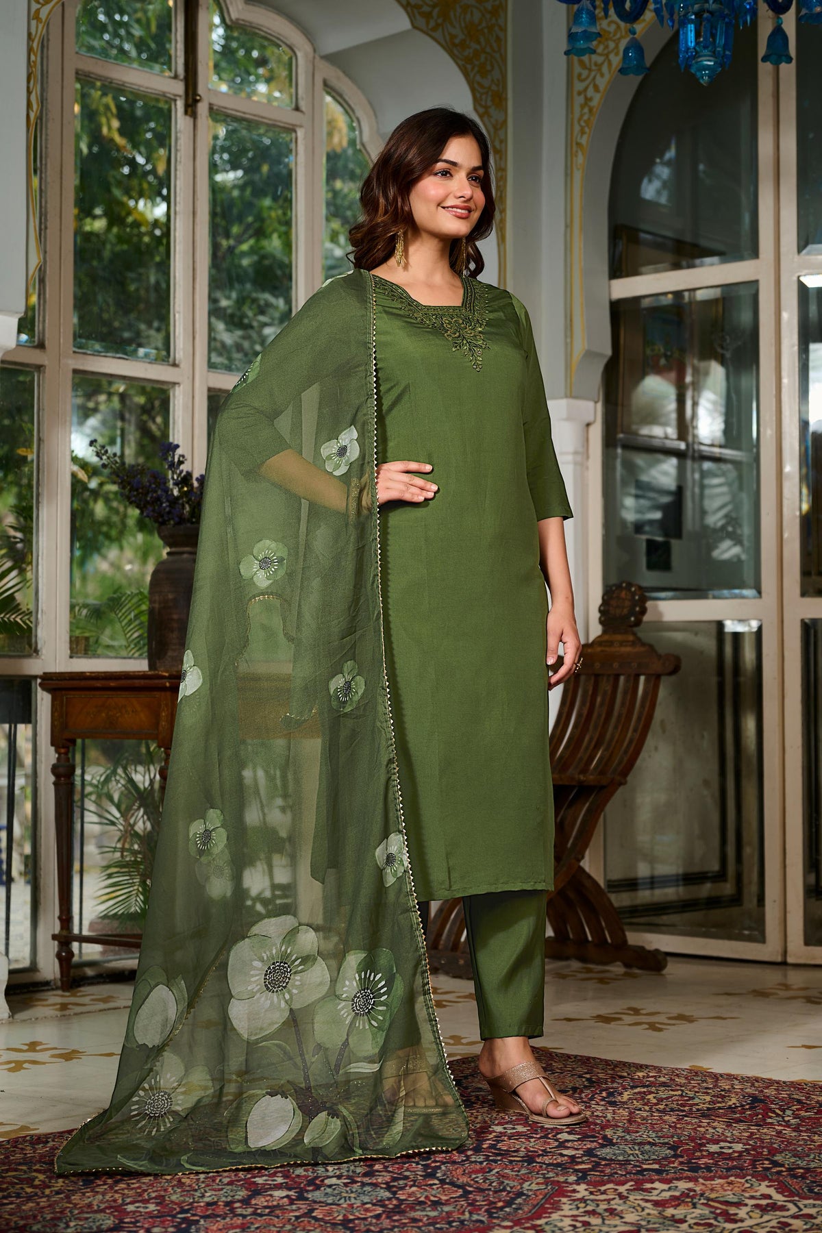 Green Chanderi Grace Embroidered Suit Set for Women