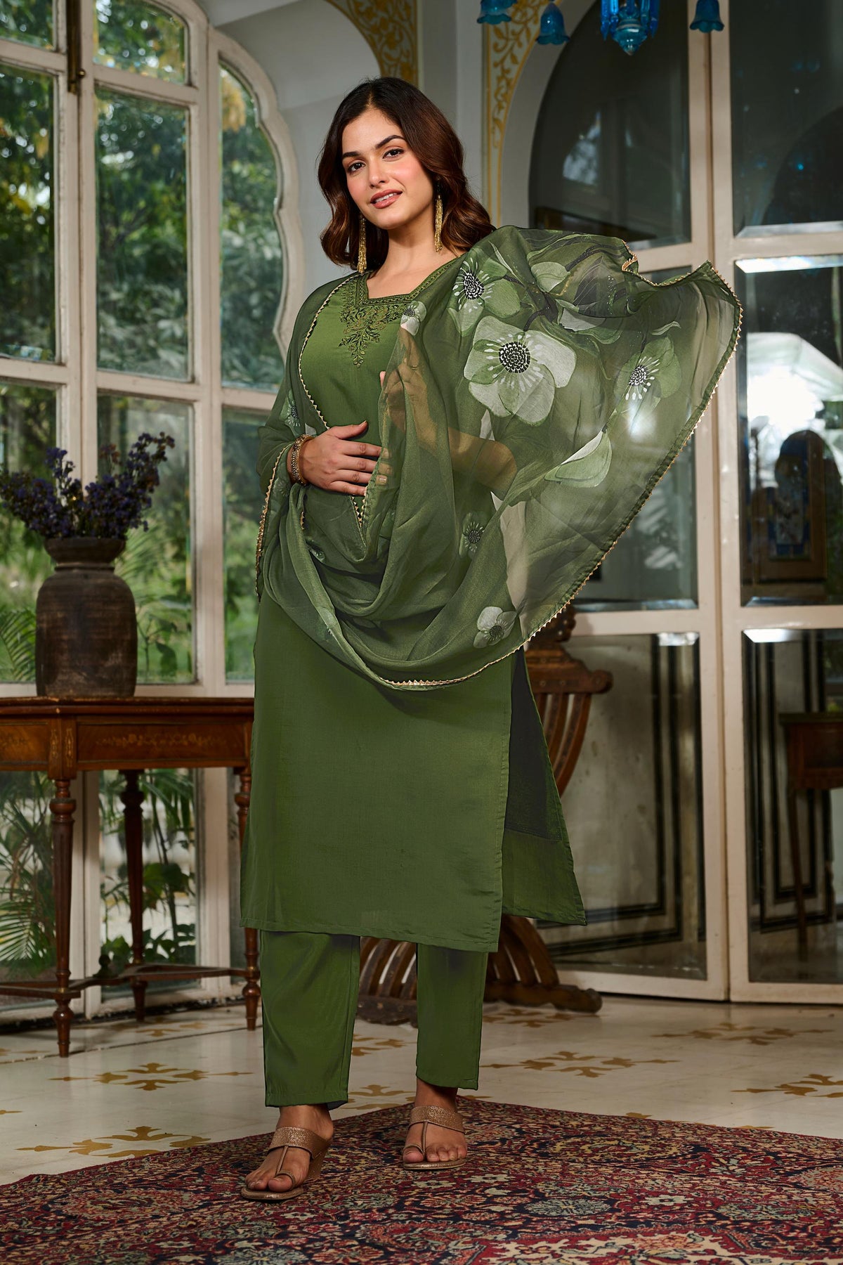 Green Chanderi Grace Embroidered Suit Set for Women