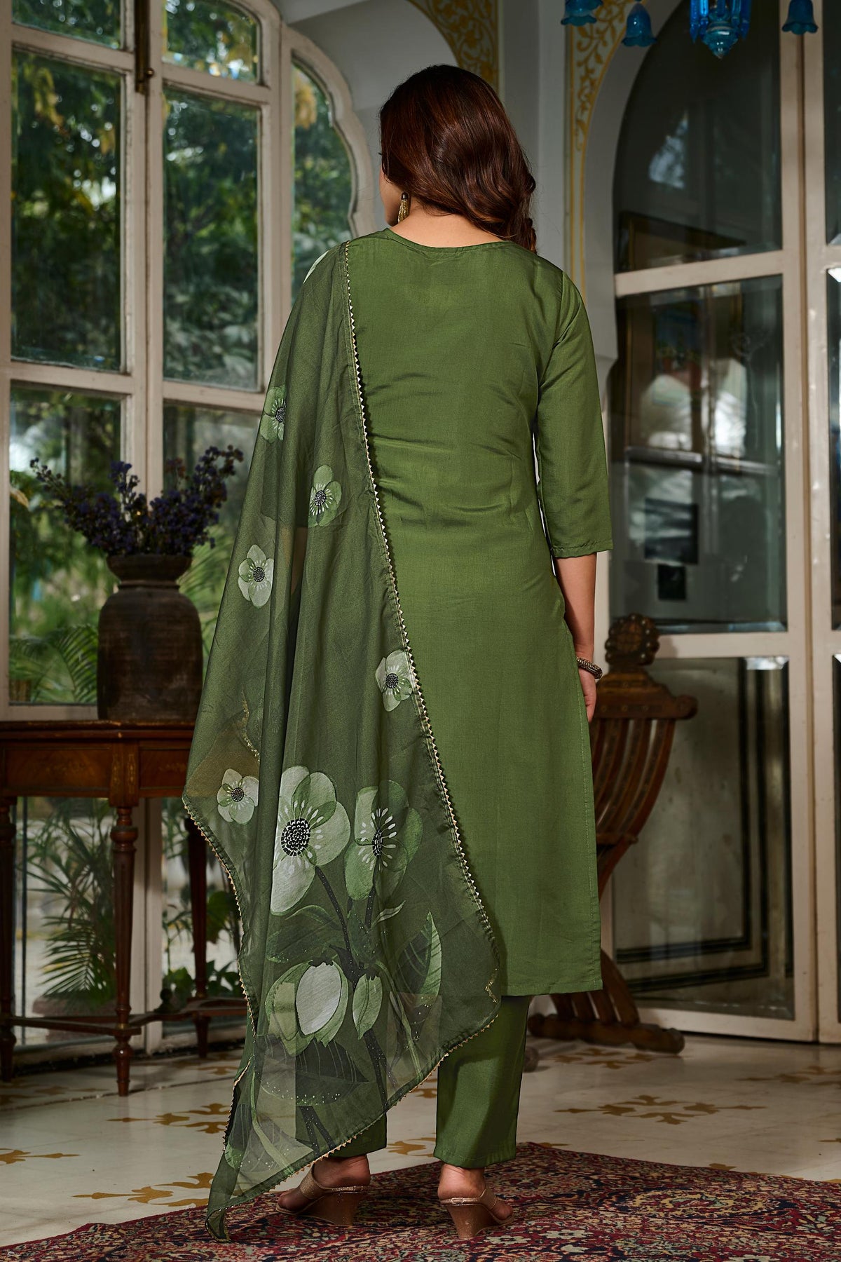 Green Chanderi Grace Embroidered Suit Set for Women