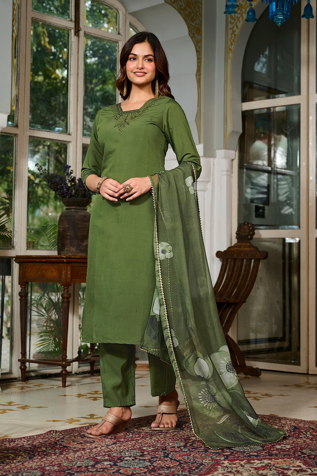 Green Chanderi Grace Embroidered Suit Set for Women