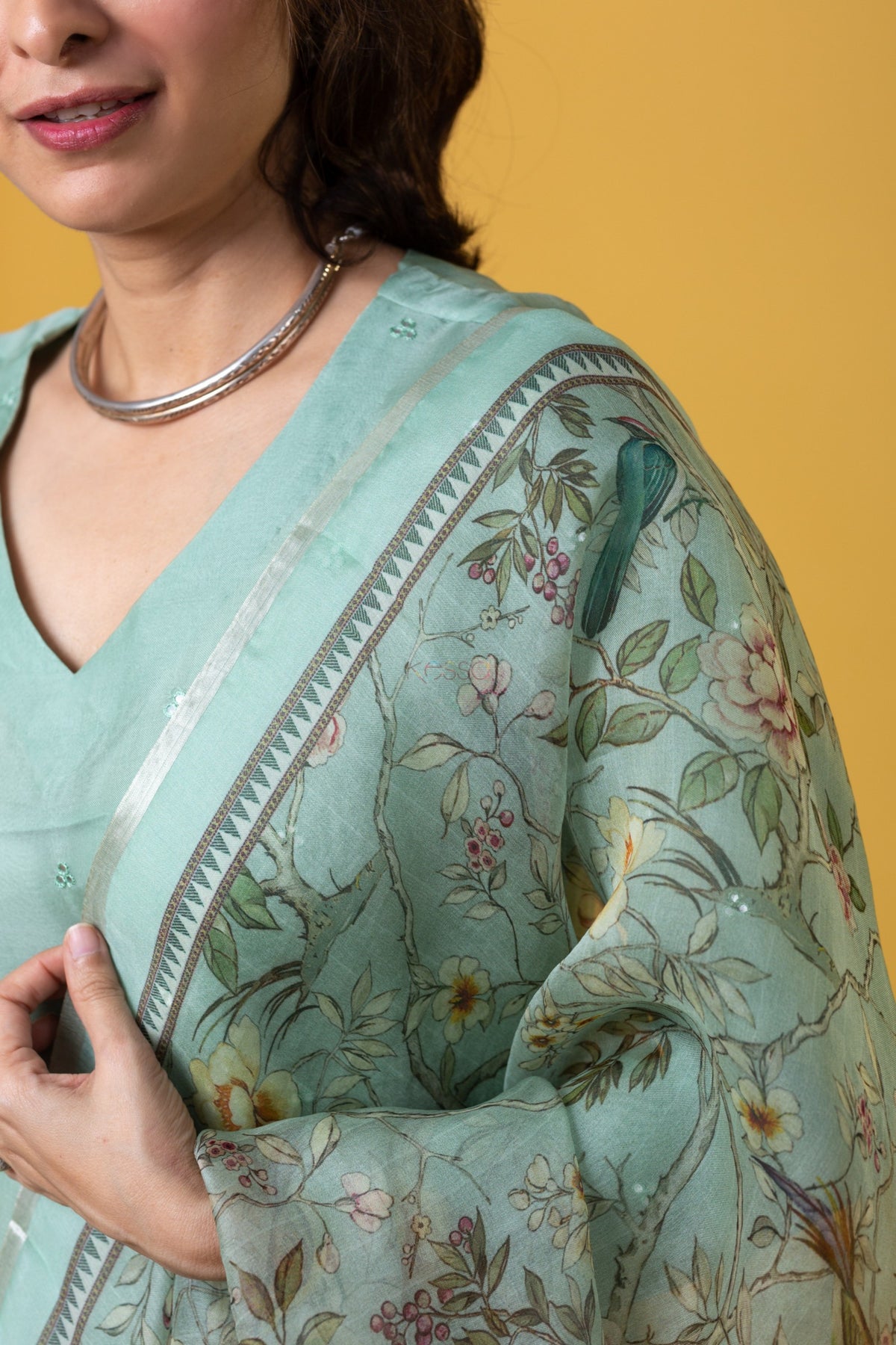 Pista Green Chanderi Kurta Set with Organza Dupatta for Women