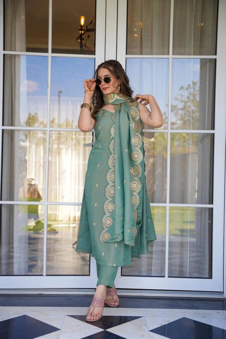 Sea Green Zari Chanderi Kurta Pant Dupatta Set Women for Women