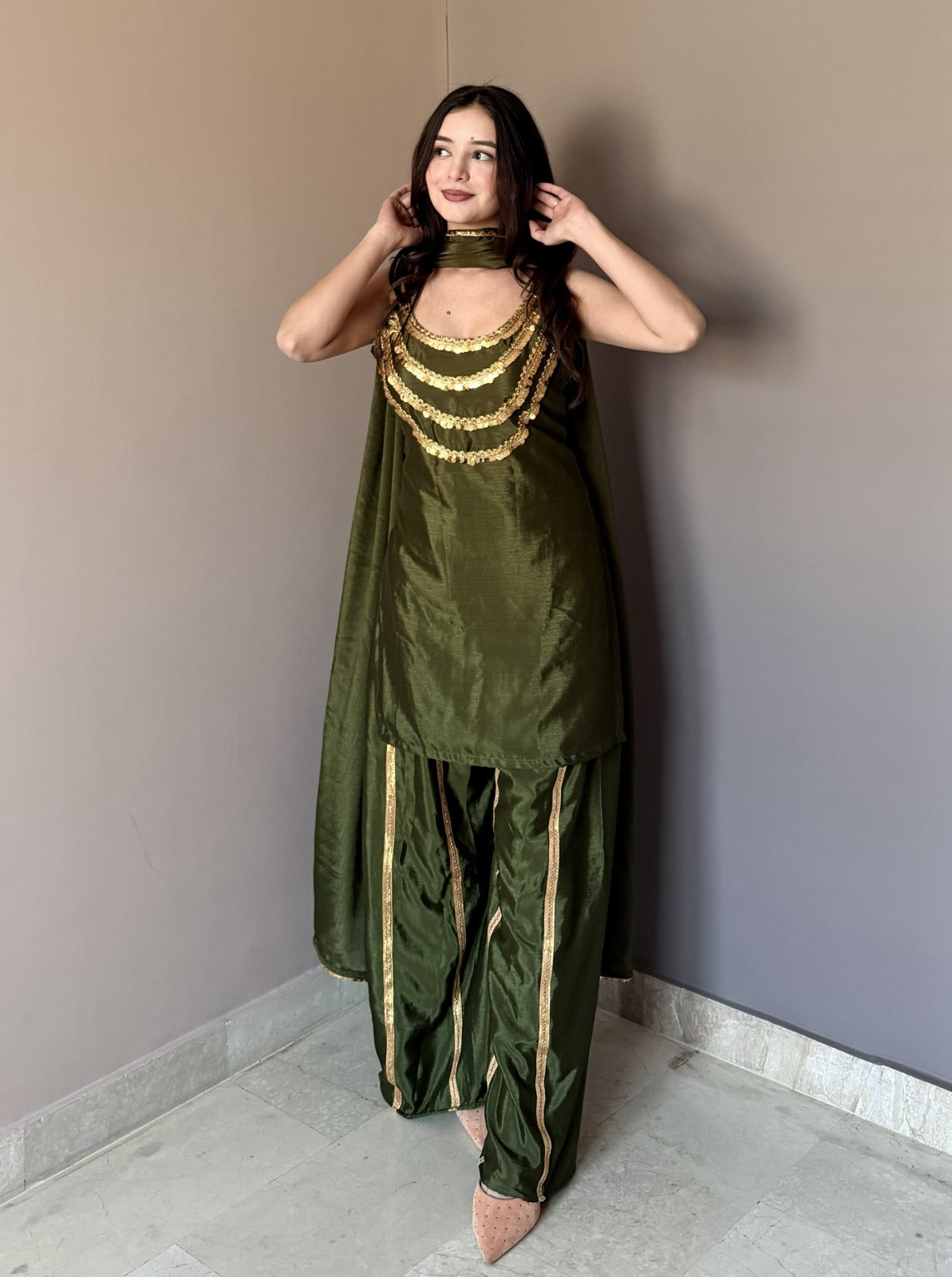 Luxury Olive Green Designer Kurta Palazzo Set with Dupatta for Women
