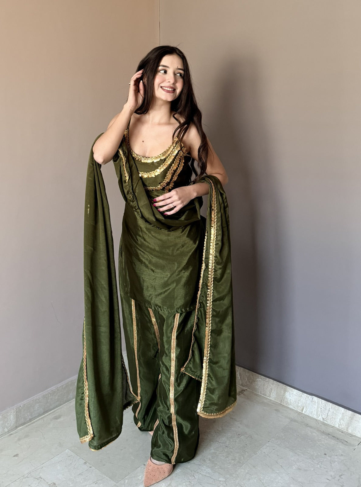 Luxury Olive Green Designer Kurta Palazzo Set with Dupatta for Women