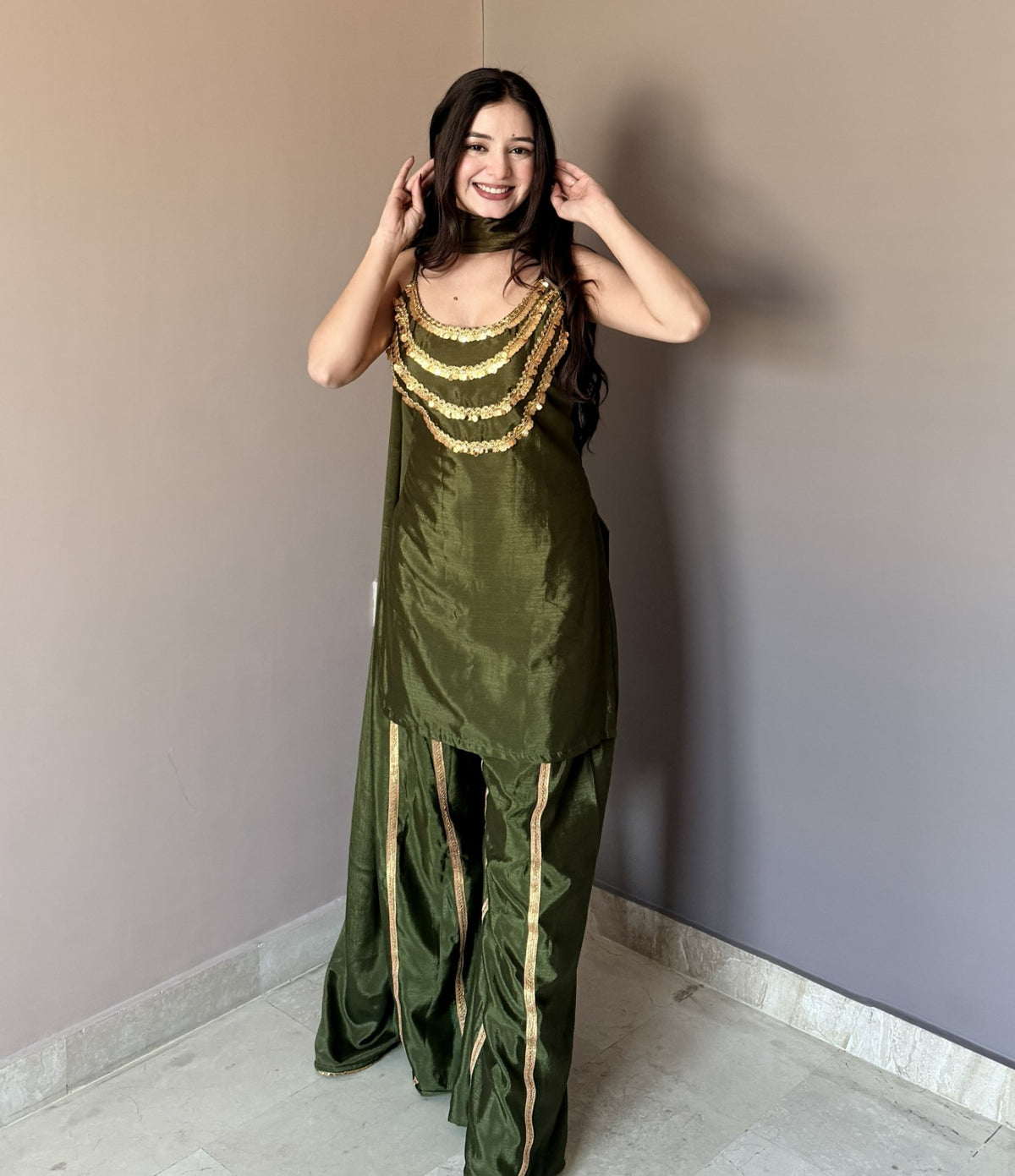 Luxury Olive Green Designer Kurta Palazzo Set with Dupatta for Women