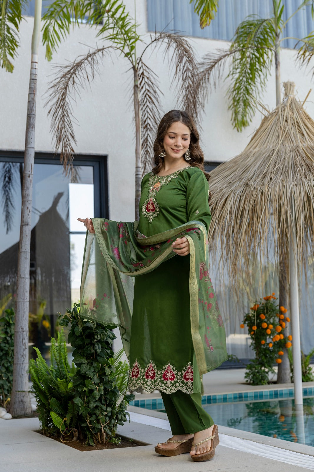 Green Chanderi Embroidered Kurta Pant Dupatta Set for Women