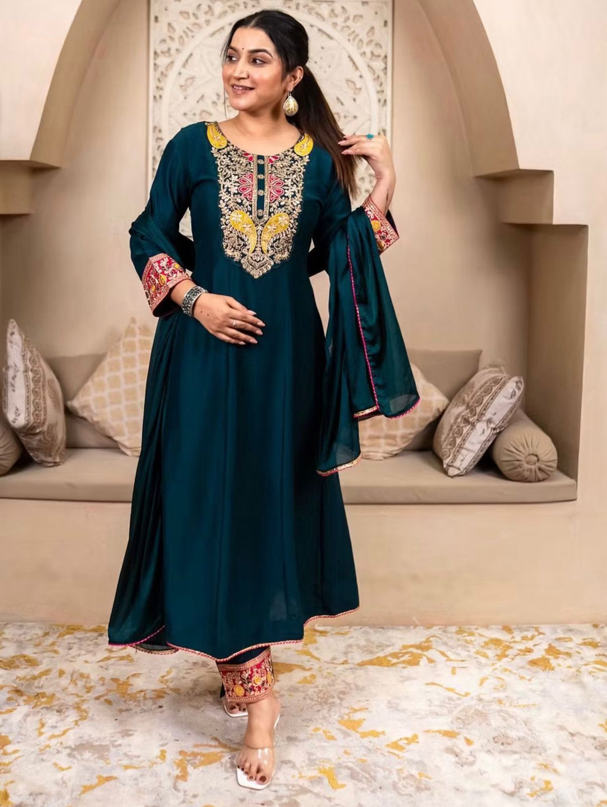 Teal Green Embroidered Silk Anarkali Kurta Set for Women