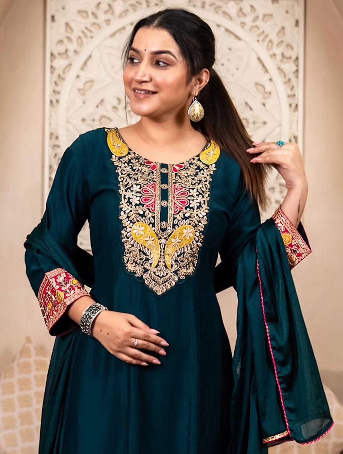 Teal Green Embroidered Silk Anarkali Kurta Set for Women