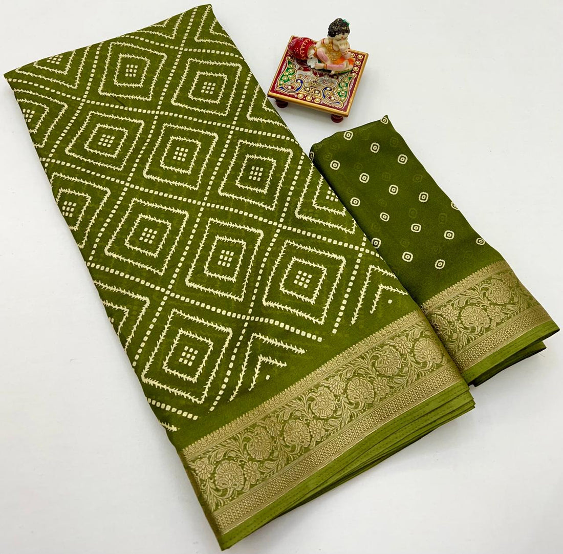 Elegant Olive Green Georgette Saree With Zari Border for Women