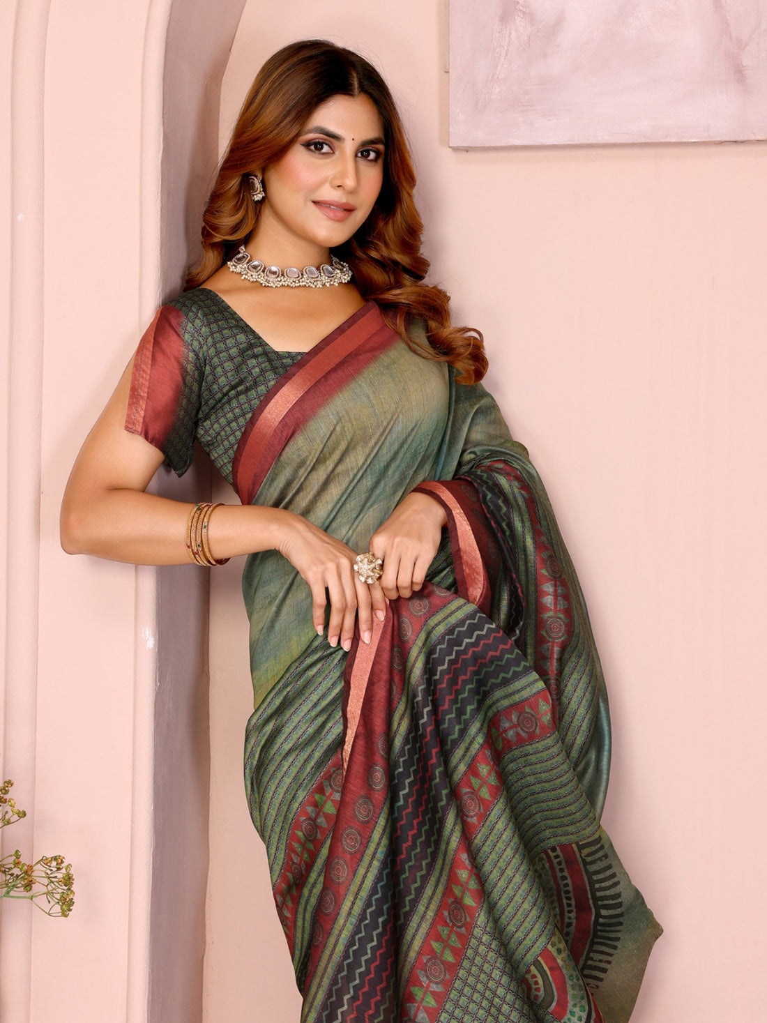 Green Maroon Chanderi Printed Saree India for Women