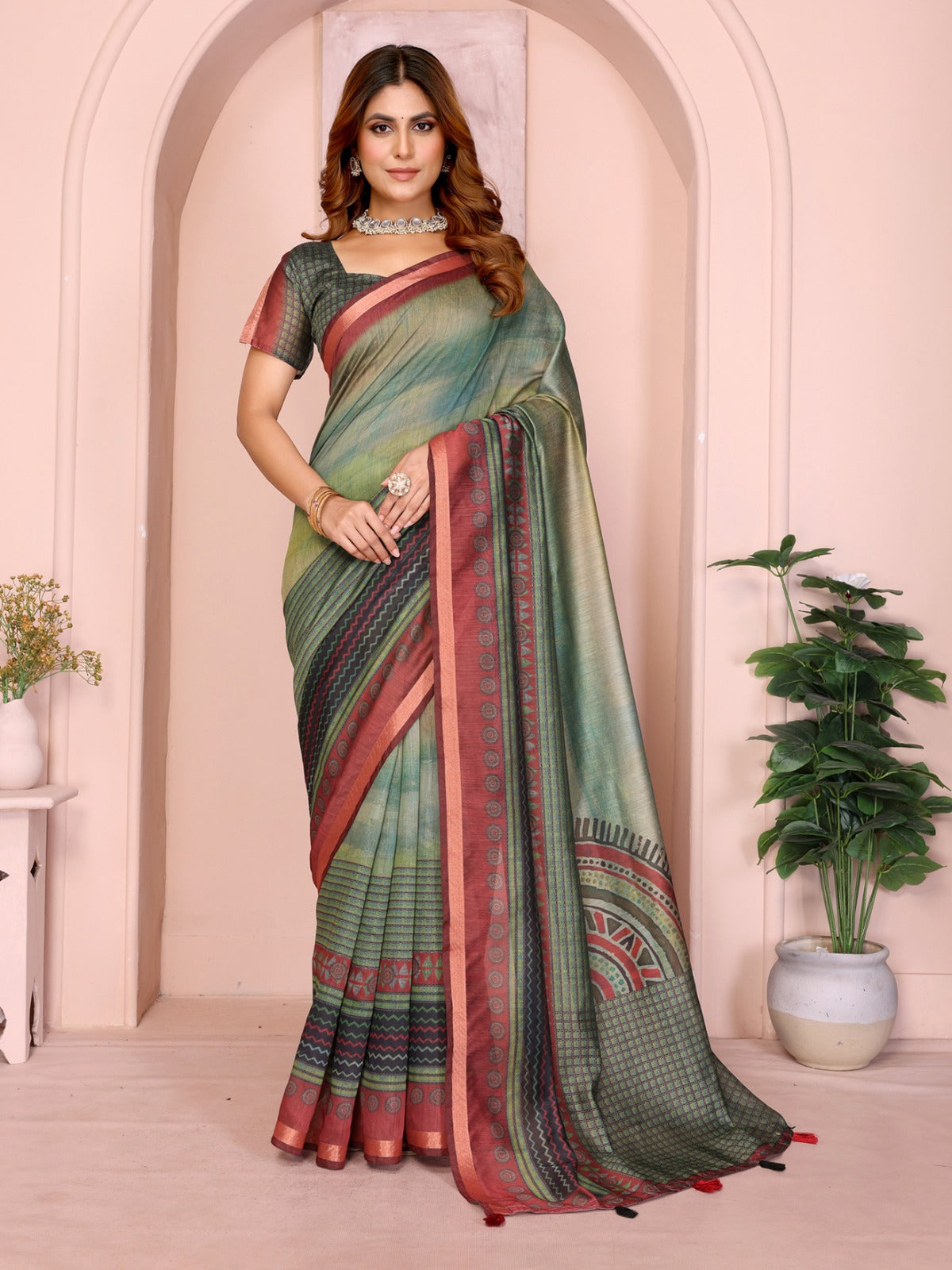 Green Maroon Chanderi Printed Saree India for Women