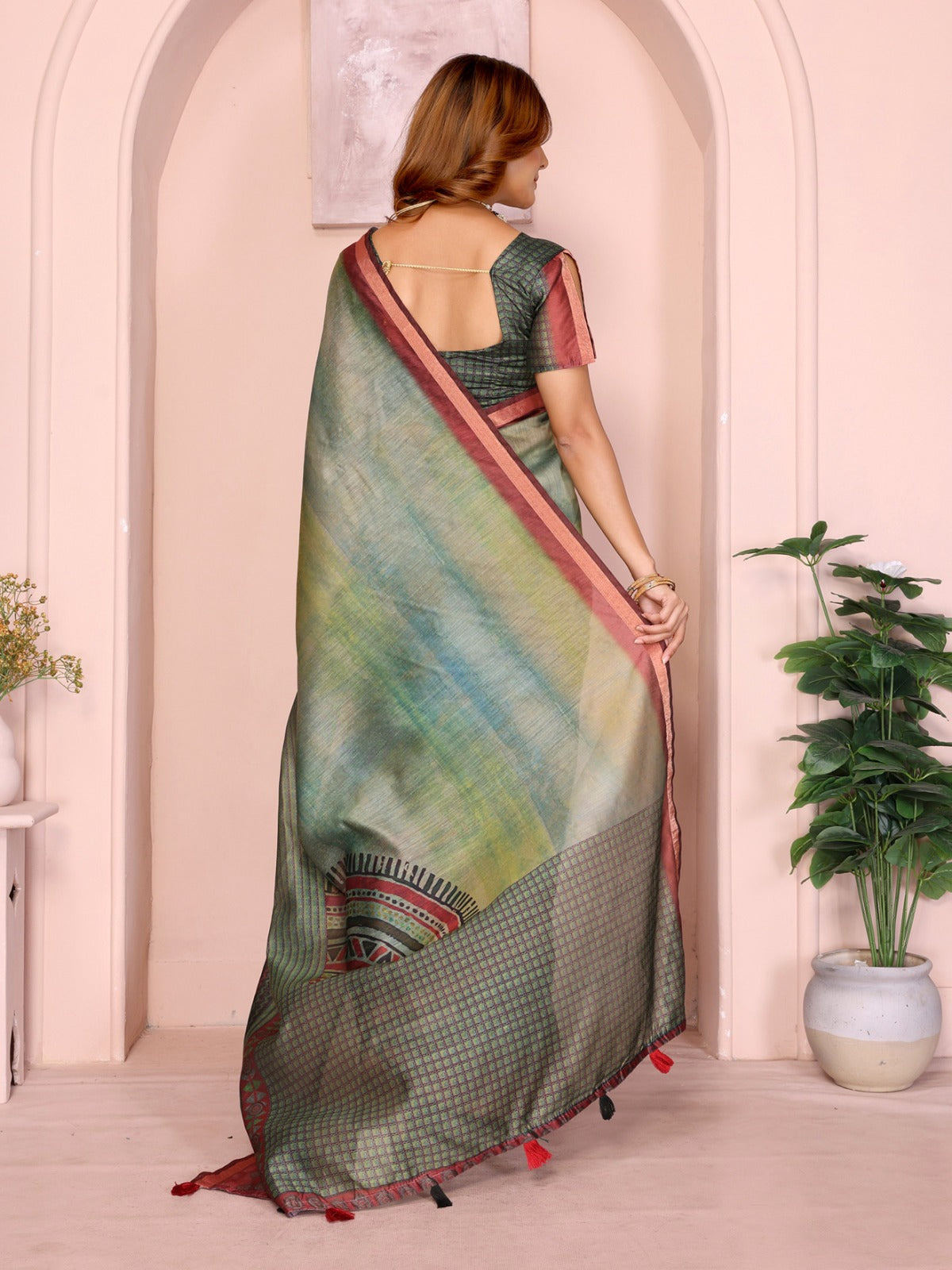 Green Maroon Chanderi Printed Saree India for Women