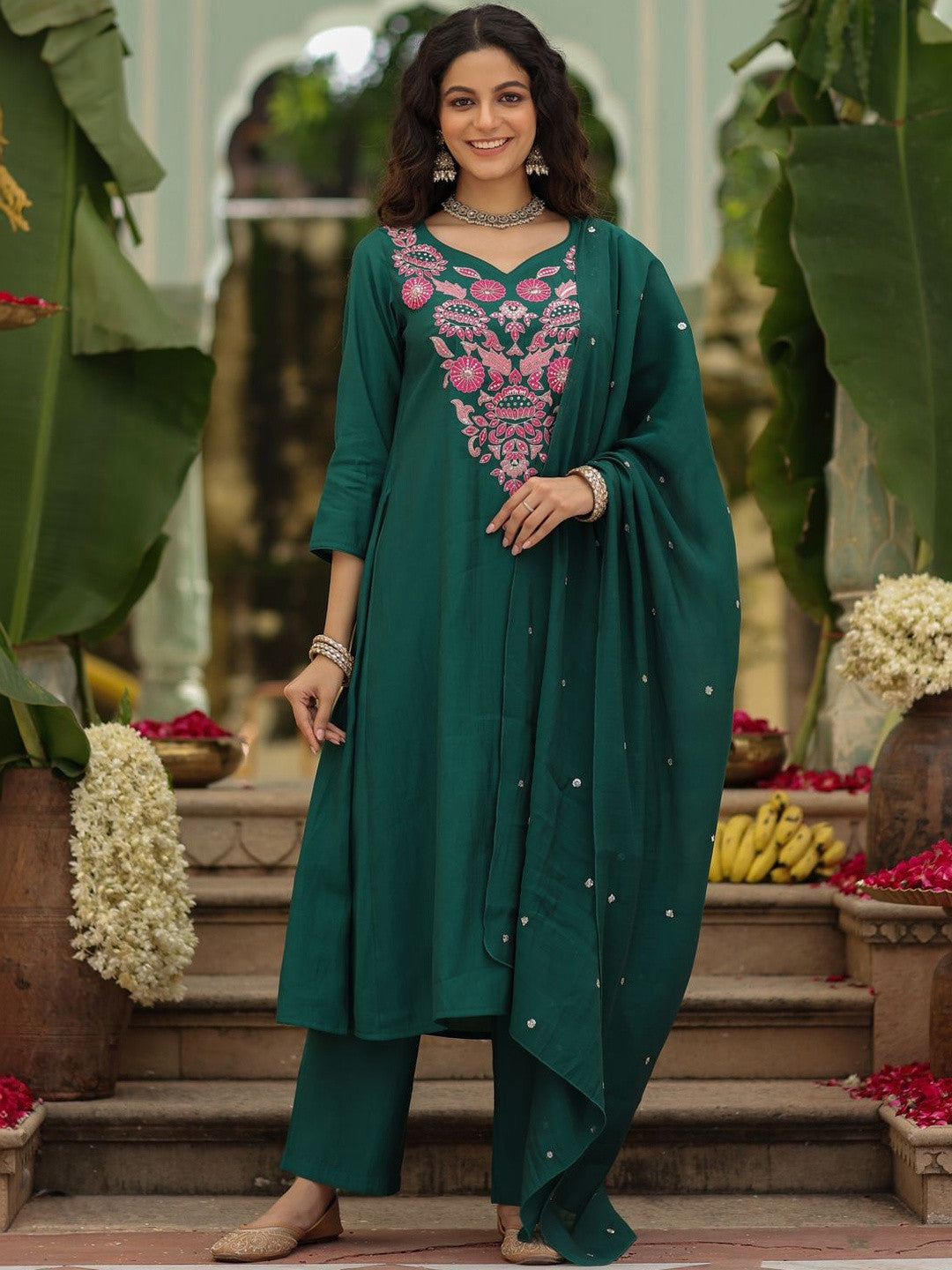 Green Rayon Embroidered Kurti Pant Dupatta Set for Women