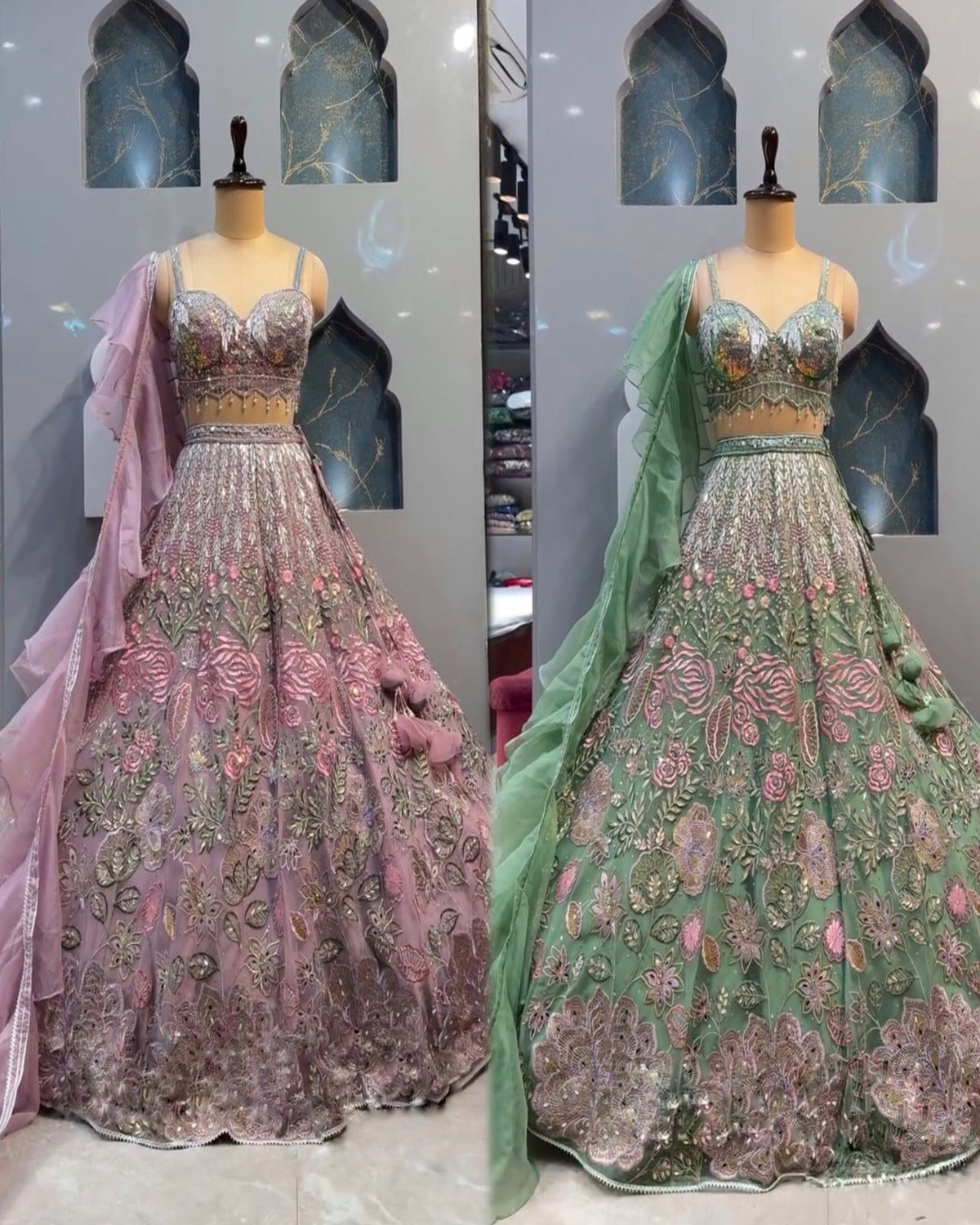 Green Chinon Silk Sequins Embroidered Lehenga Set for Women