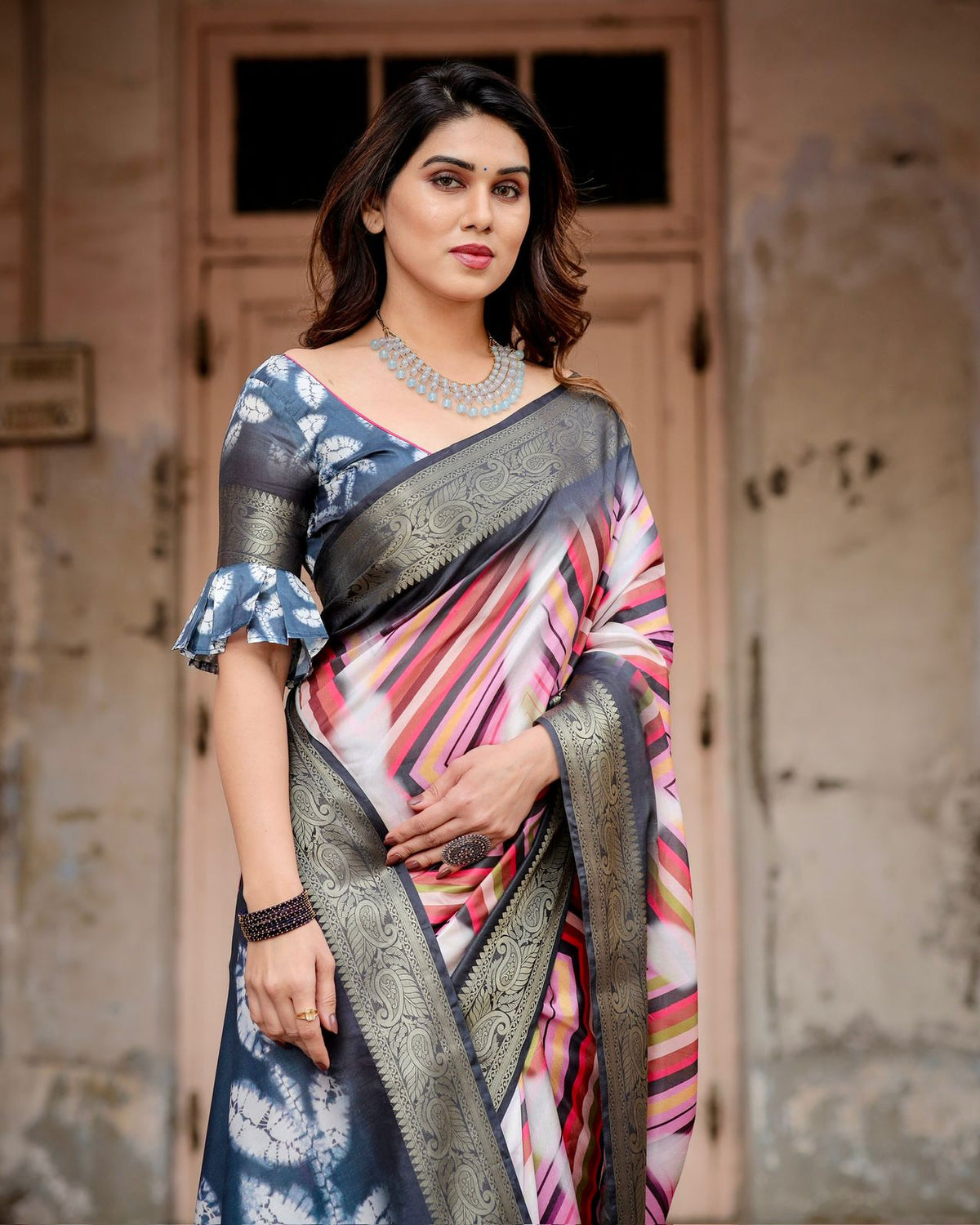 Charcoal Grey Designer Tussar Silk Striped Saree for Women