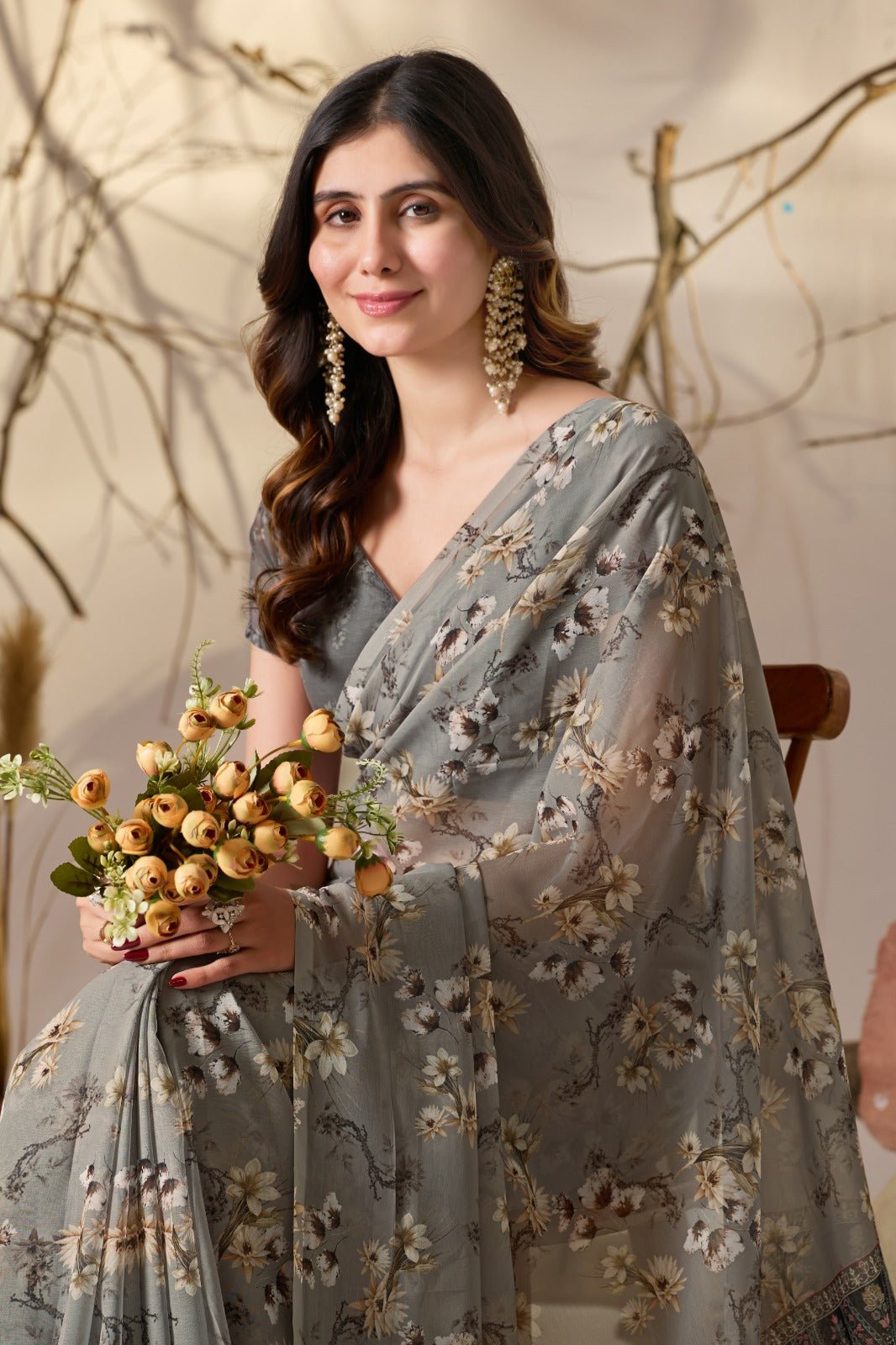 Grey Floral Printed Georgette Saree With Designer Pallu for Women