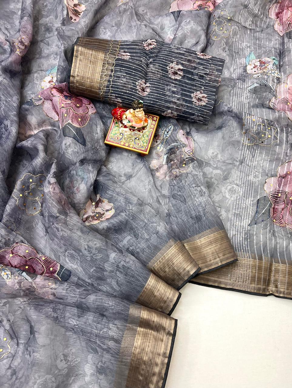 Grey Petal Digital Print Organza Cotton Silk Saree for Women