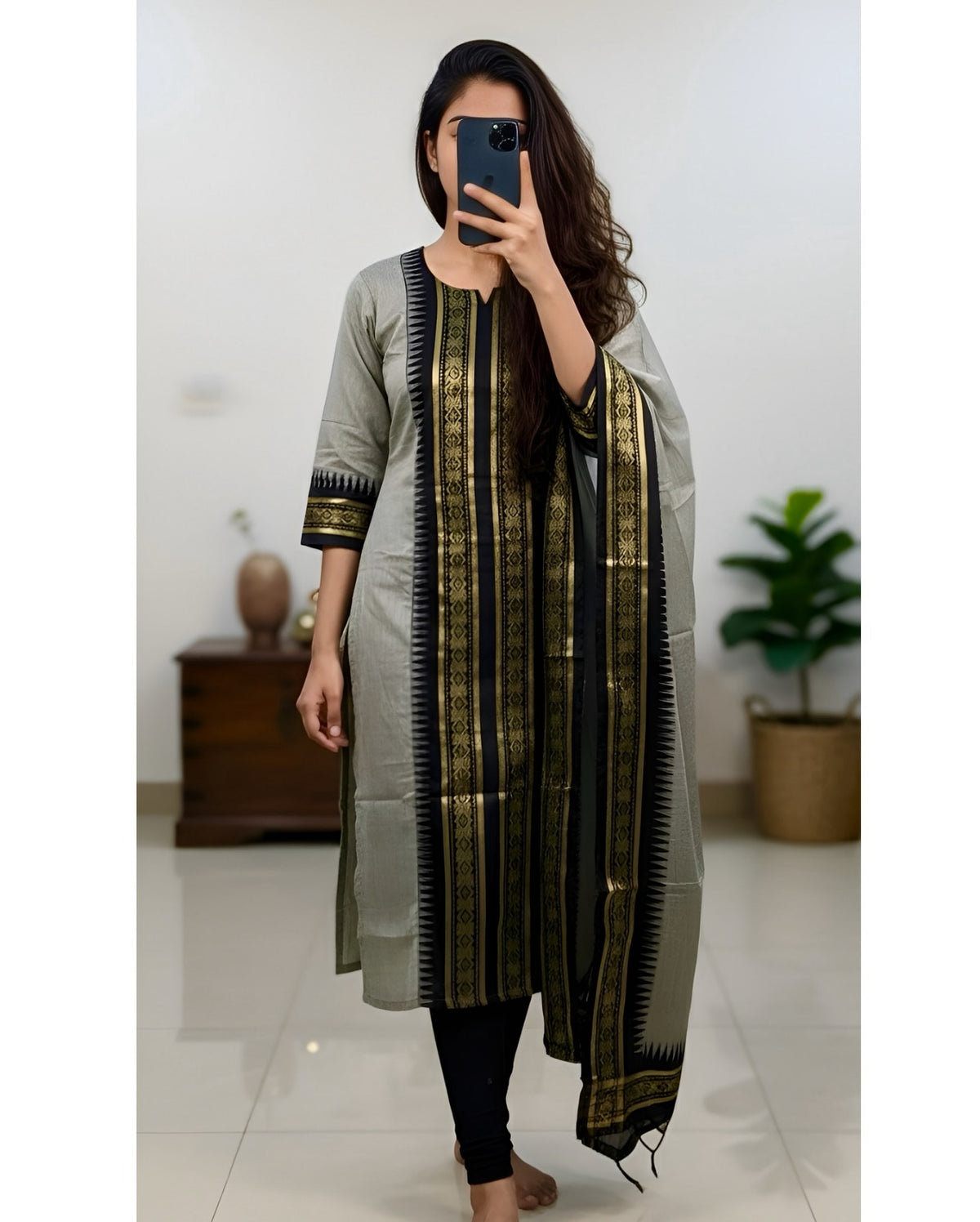 Grey Zari Border Kanchi Cotton Kurti Dupatta Set for Women