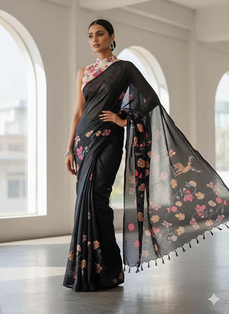 Heavy Handloom Tussar Silk Saree with Animal Digital Print for Women