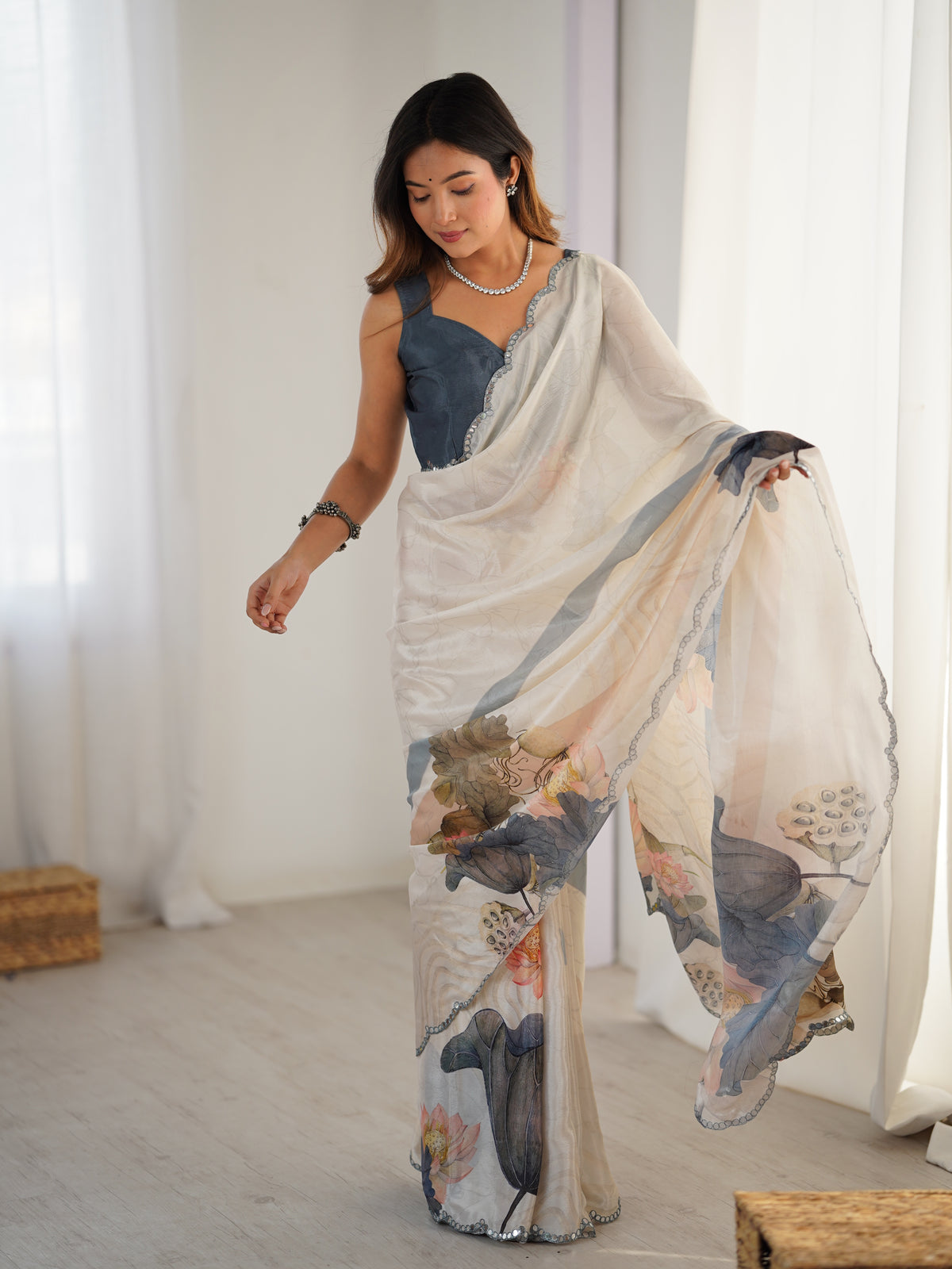 Ivory Beige Luxury Chinon Saree for Women