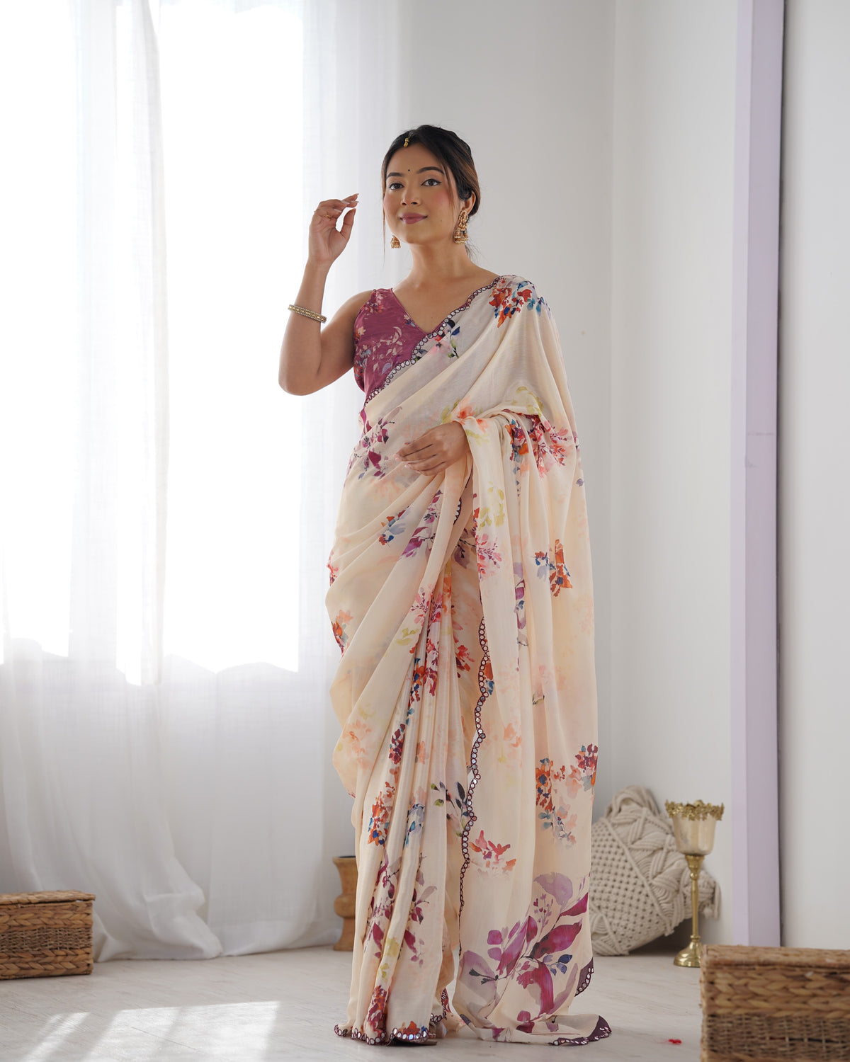 Ivory Bloom Chinon Saree with Designer Mirror Lace for Women