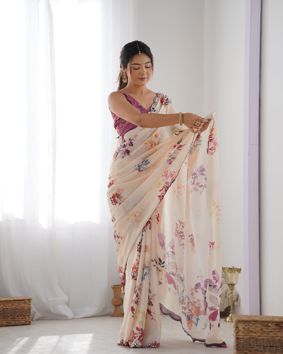 Ivory Bloom Chinon Saree with Designer Mirror Lace for Women