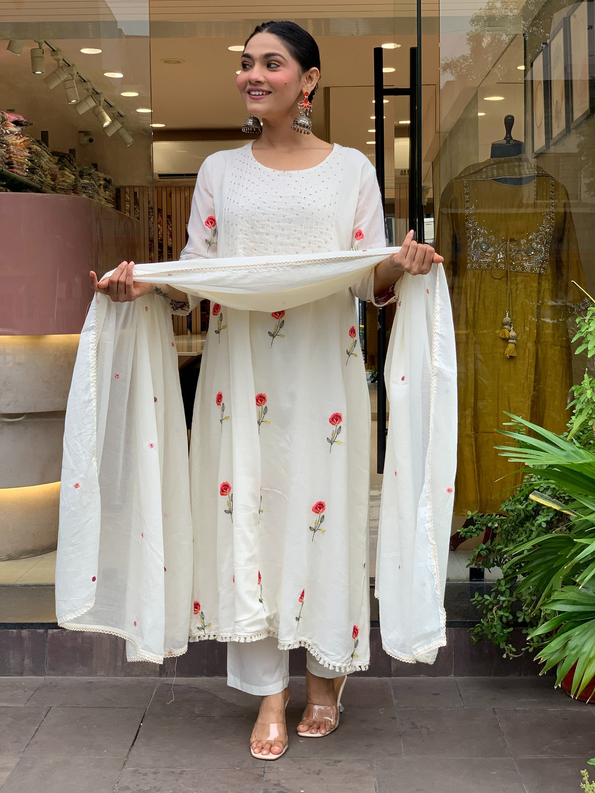 Ivory Floral Embroidered Chanderi Silk Kurta Set Women 2 for Women