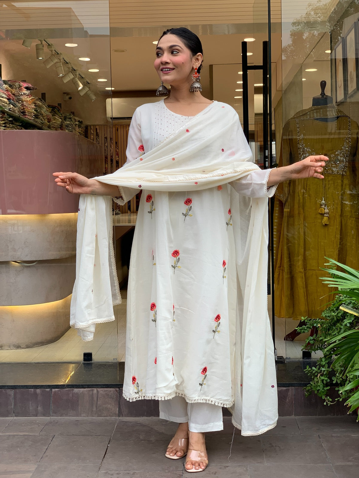 Ivory Floral Embroidered Chanderi Silk Kurta Set Women 2 for Women