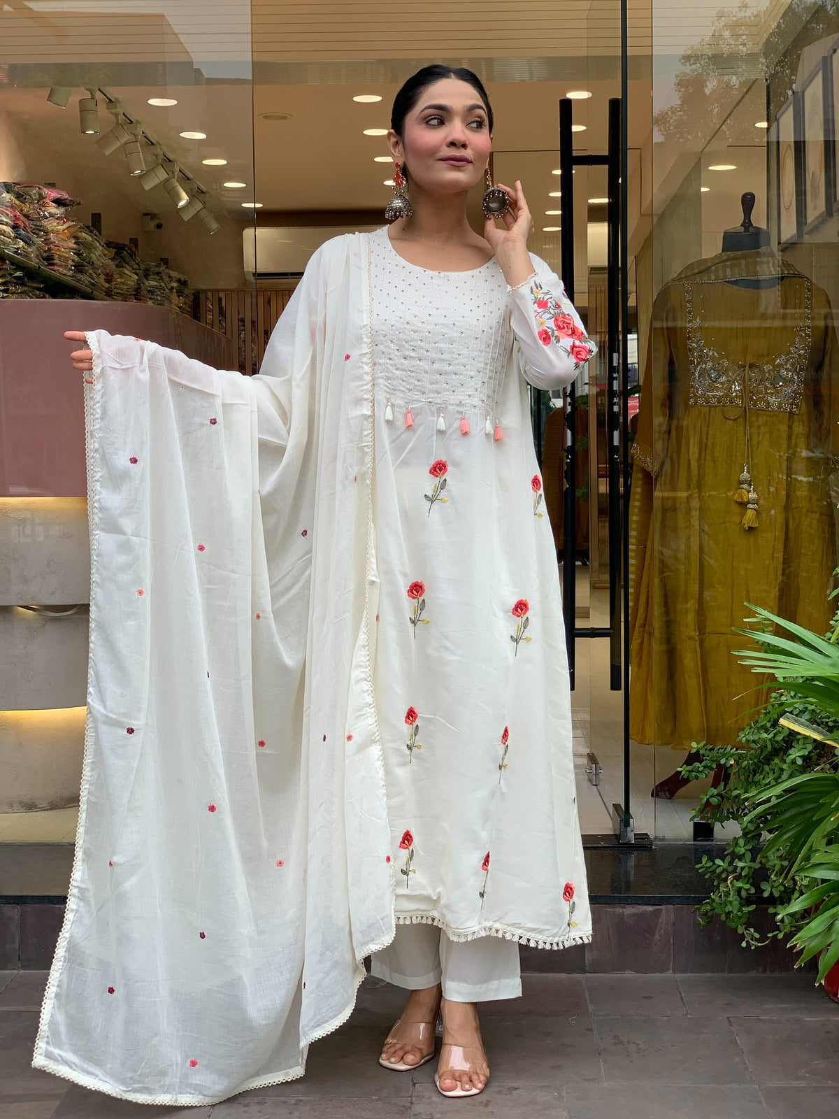 Ivory Floral Embroidered Chanderi Silk Kurta Set Women 2 for Women
