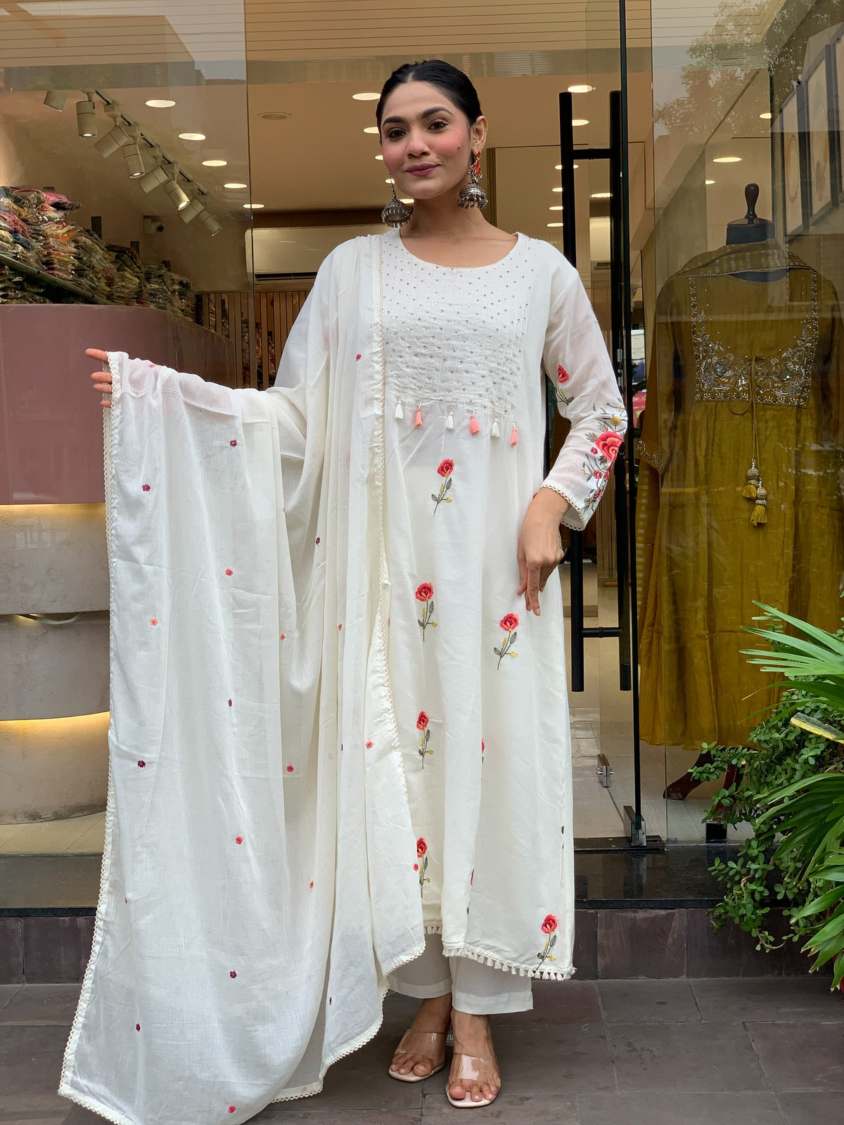 Ivory Floral Embroidered Chanderi Silk Kurta Set Women 2 for Women