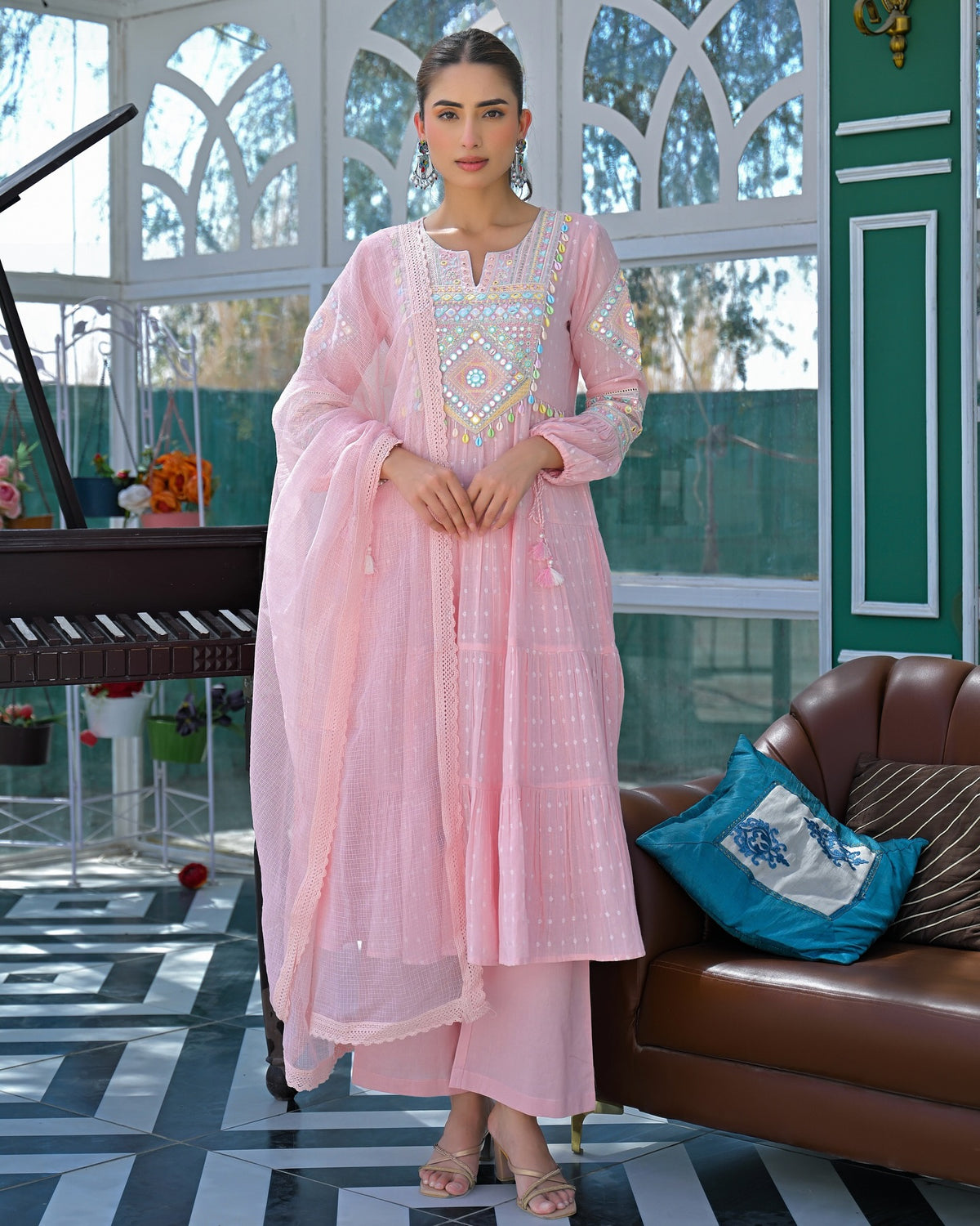 Ivory Floral Embroidered Chanderi Silk Kurta Set Women for Women