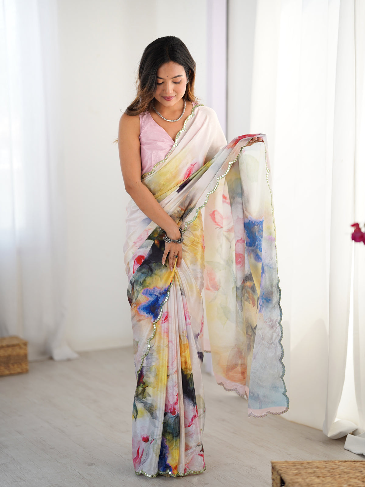 Ivory Bloom Heavy Chinnon Party Wear Saree for Women