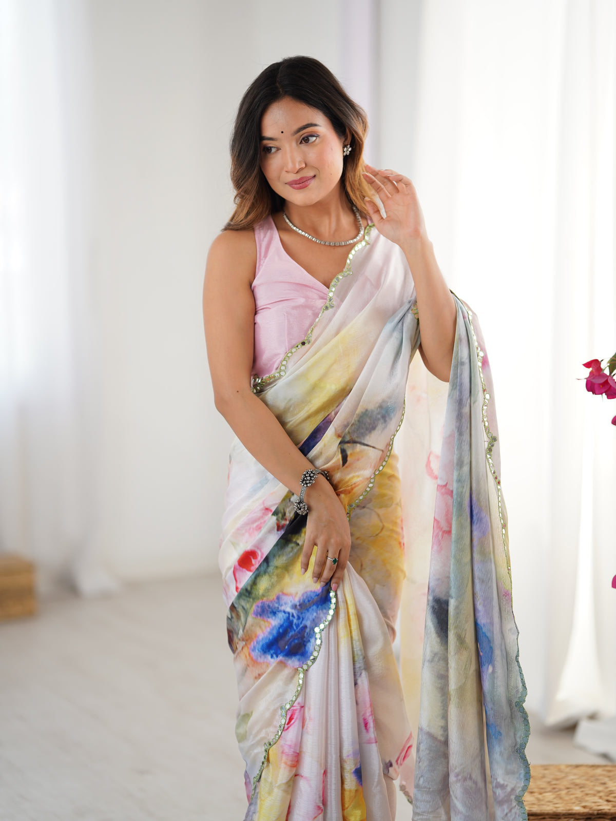 Ivory Bloom Heavy Chinnon Party Wear Saree for Women