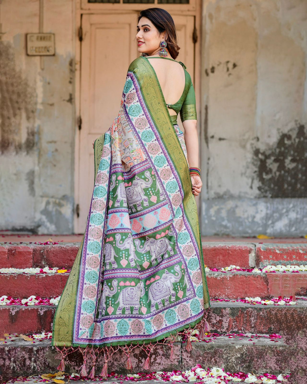 Green Ivory Printed Silk Saree with Zari Border for Women