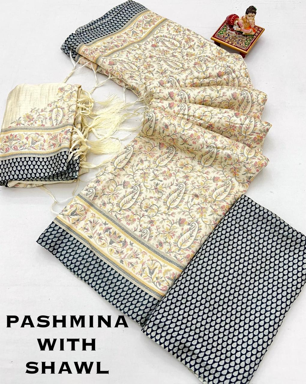 Cream Beige Pashmina Saree for Women