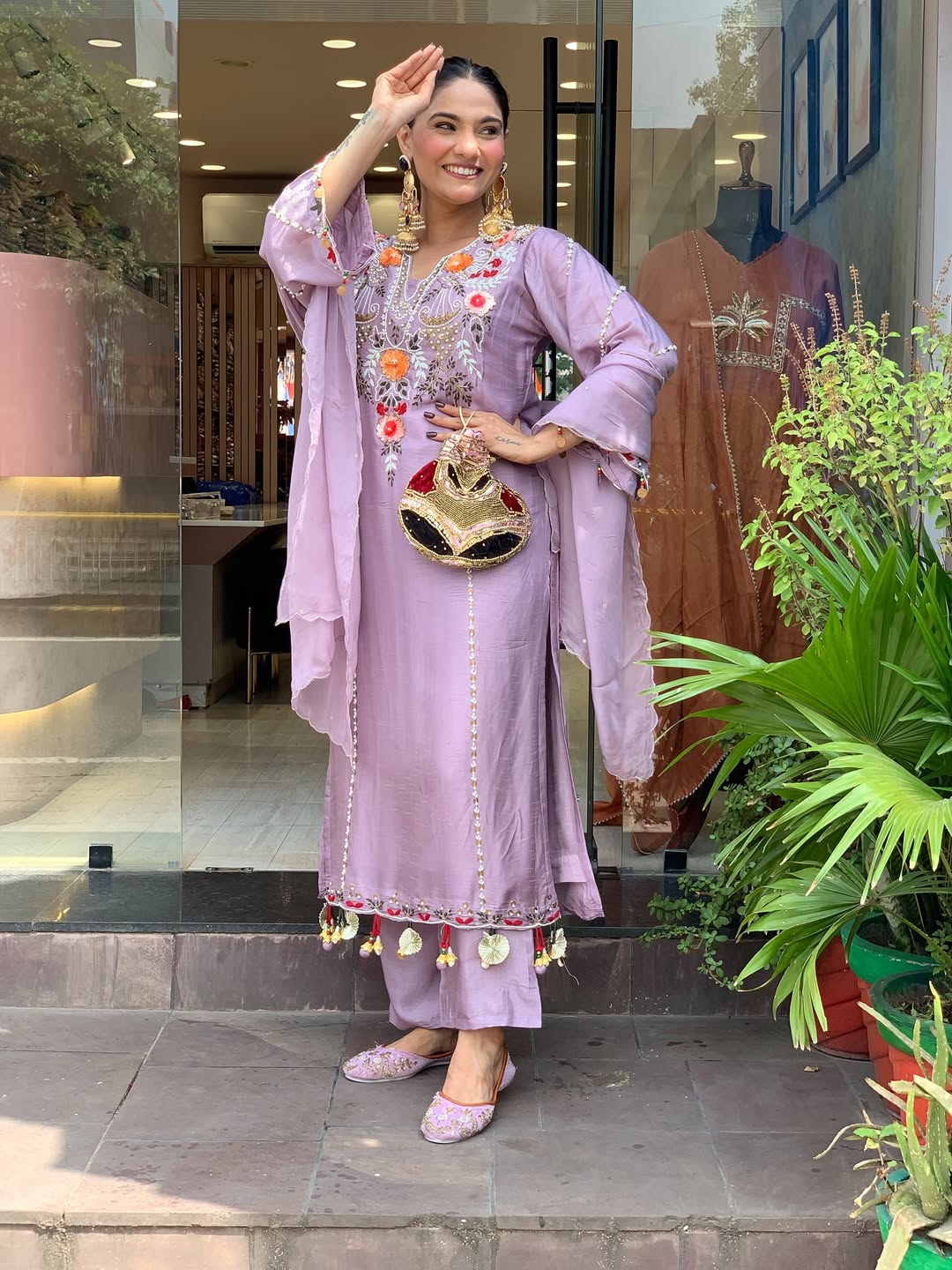 Lavender Chanderi Embroidered Kurta Set with Dupatta for Women