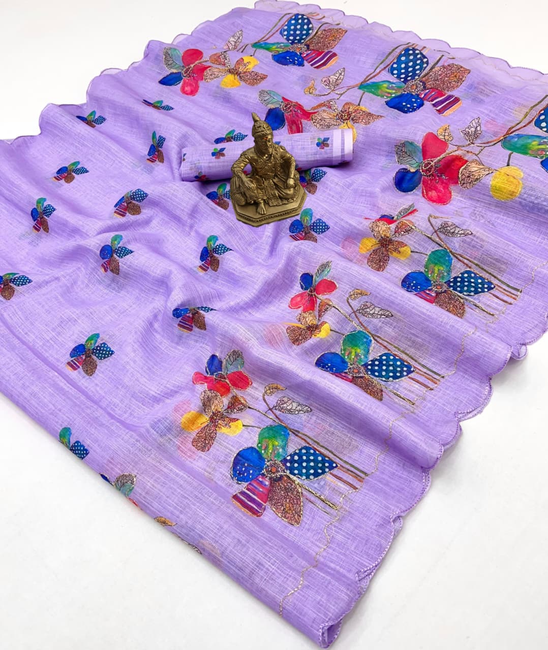 Lavender Floral Aari Work Linen Saree with Blouse for Women