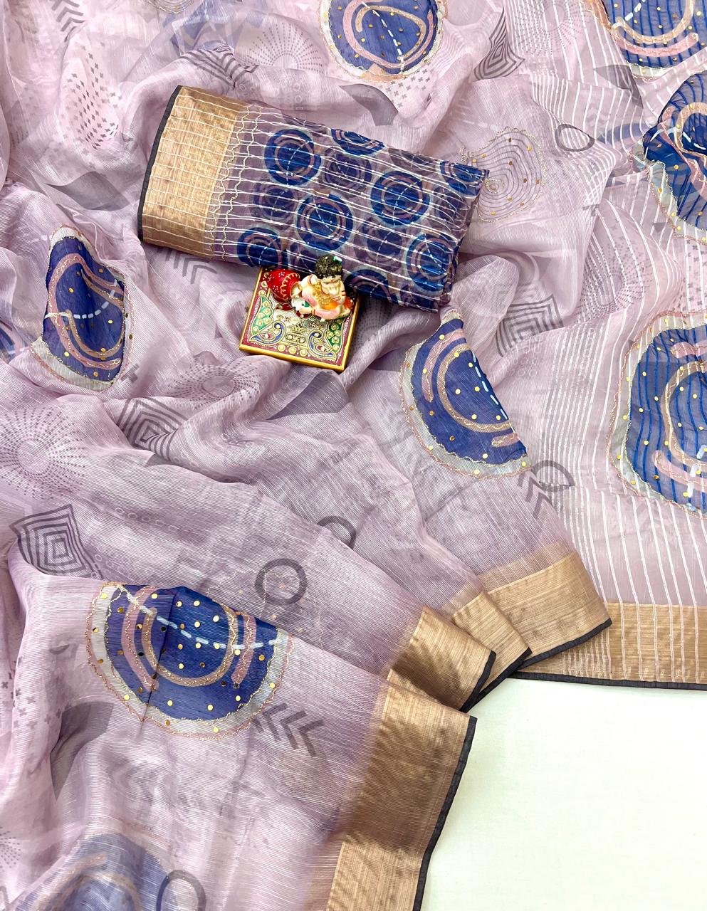 Lavender Organza Cotton Silk Saree With Thread Work for Women