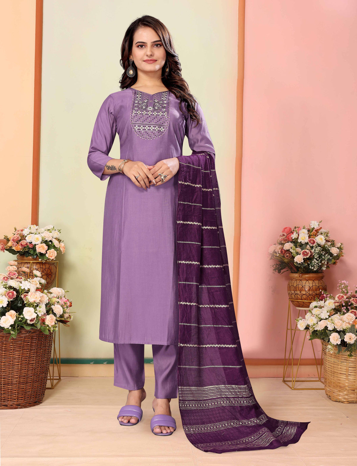 Lavender Silk Embroidered Kurta Pant Dupatta Set for Women