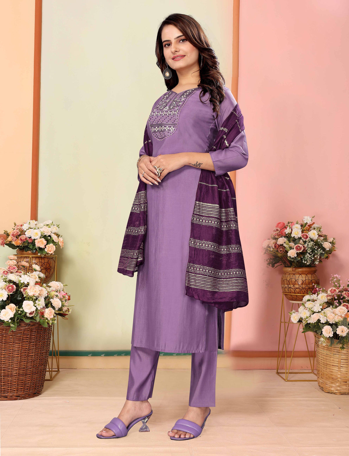 Lavender Silk Embroidered Kurta Pant Dupatta Set for Women