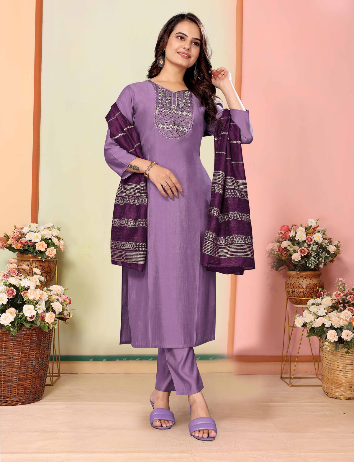 Lavender Silk Embroidered Kurta Pant Dupatta Set for Women