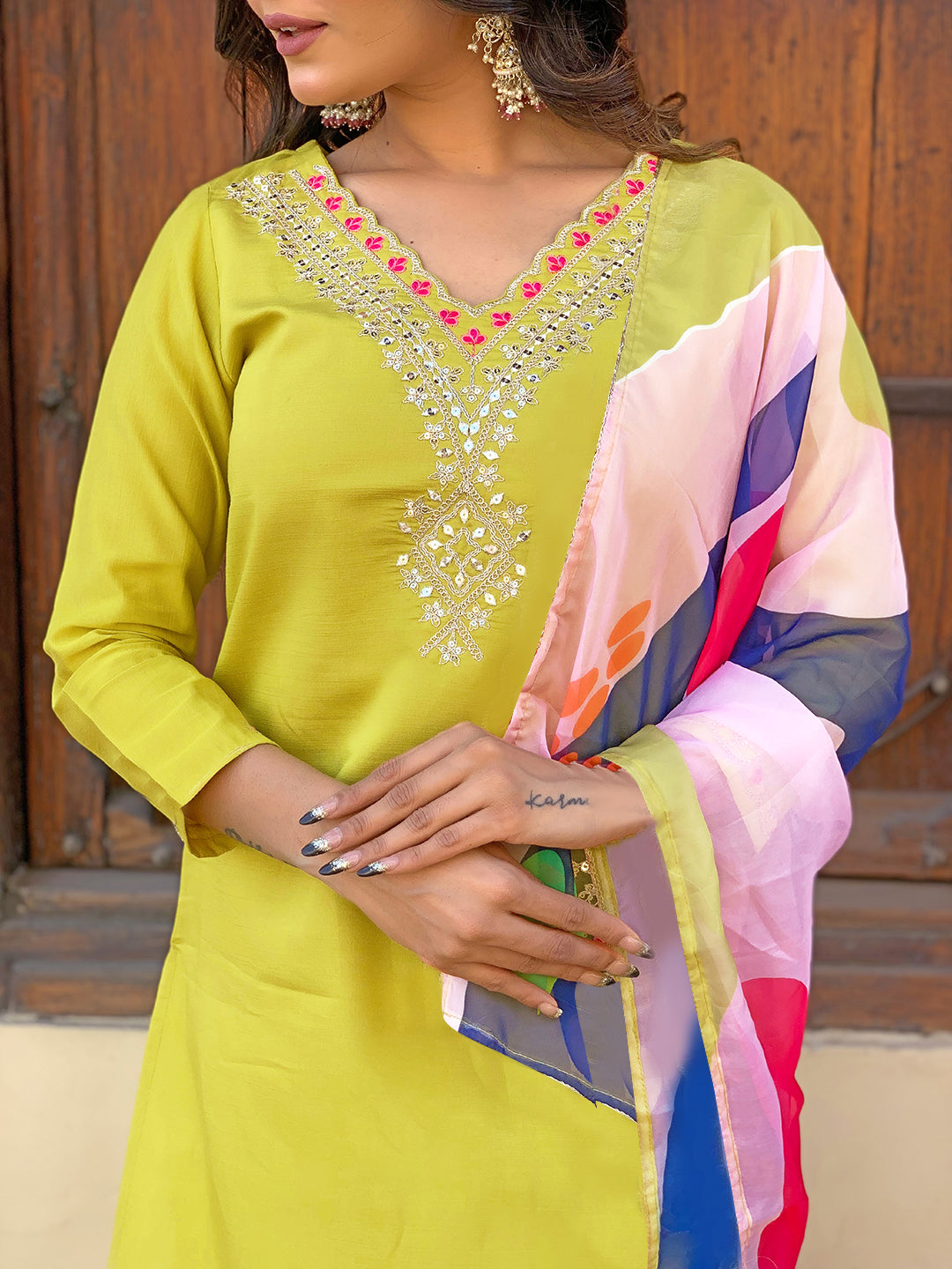 Lemon Yellow Embroidered Rayon Kurta Set with Dupatta for Women